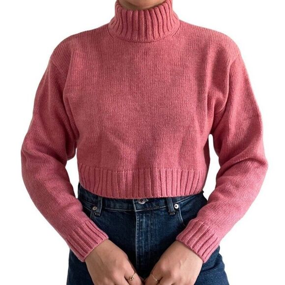 Wilfred Free Aritzia Womens Pink Cropped 100% Wool Mock Neck Sweater Sz M - Picture 2 of 7